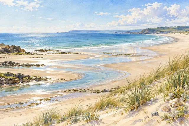 Aquarela de praia no verão com piscinas de maré, mar azul, dunas com vegetação e conchas na areia.