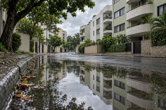 Poça de chuva reflete prédios residenciais e árvores em rua molhada, vista de perto do chão sob céu nublado.