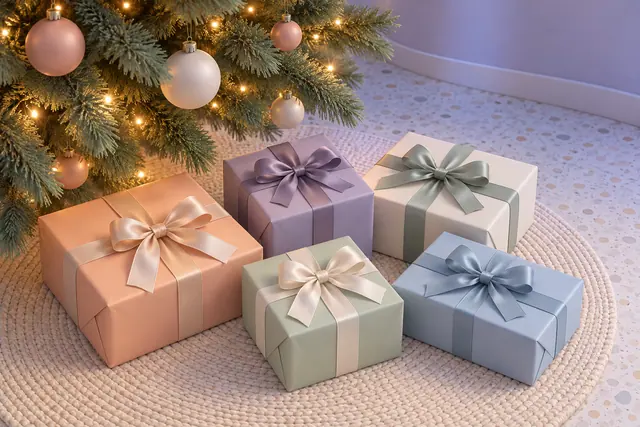 Cinco presentes em tons pastel com laços sobre tapete circular, sob uma árvore de Natal com luzes e bolas delicadas.