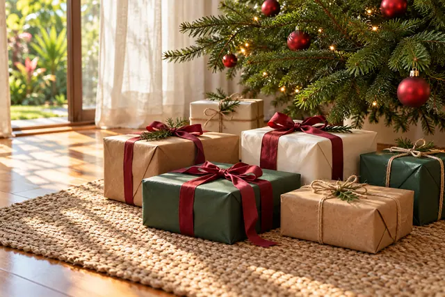 Presentes com laços sob árvore de Natal com bolas vermelhas e luzes, iluminados pelo sol junto à janela.