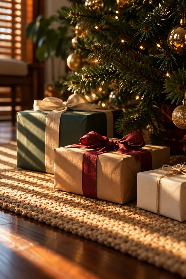 Presentes com laços sob árvore de Natal com bolas douradas, iluminados pelo sol da tarde sobre tapete de fibras naturais.