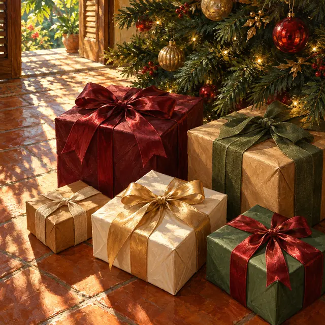 Pintura a óleo de presentes com laços sob uma árvore de Natal, iluminados pelo sol em um piso de terracota.