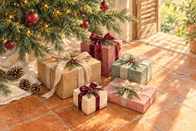 Aquarela de presentes com laços sob uma árvore de Natal iluminada, em piso de terracota banhado pelo sol da manhã.