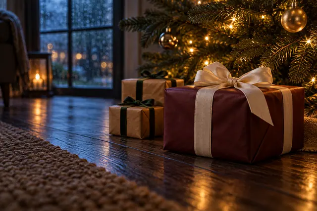 Presentes com laços sob árvore de Natal iluminada, diante de uma janela com chuva ao anoitecer.