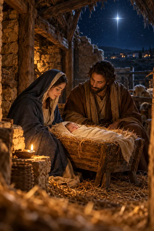 Maria e José junto ao menino Jesus na manjedoura, iluminados por uma lamparina sob uma estrela no céu noturno.
