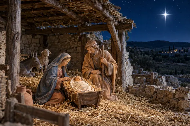 Presépio de terracota com Maria, José e Jesus em estábulo de madeira e pedra sob uma estrela brilhante.