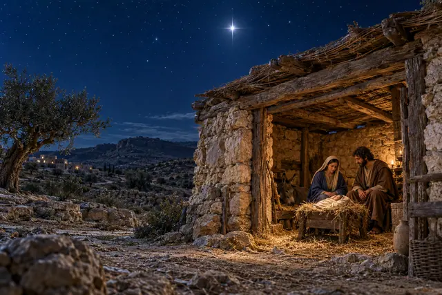 Maria e José junto ao menino Jesus na manjedoura de um estábulo de pedra, sob uma estrela brilhante no céu noturno.