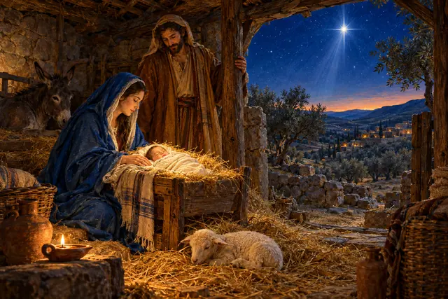 Maria e José junto ao menino Jesus no estábulo, com cordeiro, lamparina e estrela sobre as colinas de Belém.
