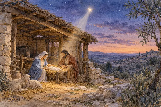 Aquarela de Maria, José e Jesus no estábulo sob a estrela, com ovelhas, jumento e colinas ao crepúsculo.