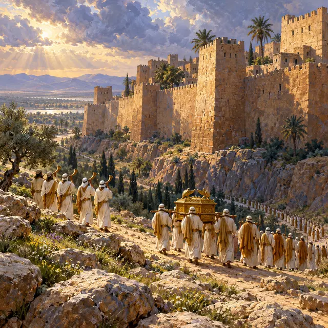 Sacerdotes com trombetas e a Arca da Aliança diante das muralhas de Jericó sob raios de sol.