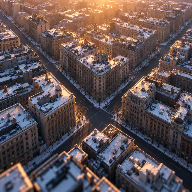 Vista aérea de quadras urbanas com telhados cobertos de neve e ruas diagonais sob a luz dourada do amanhecer.