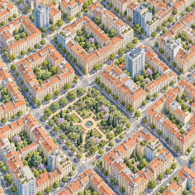 Aquarela aérea de quadras urbanas com telhados de terracota, pátios verdes e praça arborizada com fonte circular.