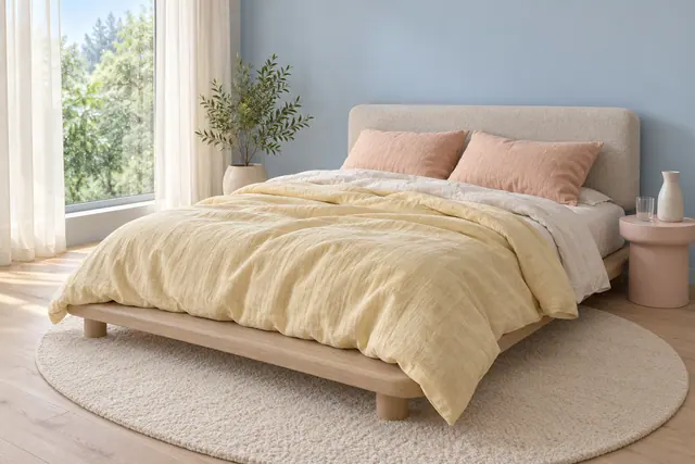 Quarto em tons pastel com cama de linho amarelo, almofadas pêssego, tapete redondo e janela iluminada.