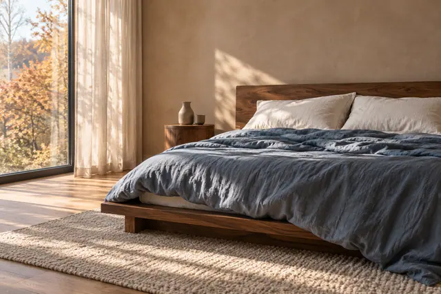 Quarto com cama de madeira, roupa de linho azul e tapete claro sob luz natural, com folhagem de outono na janela.
