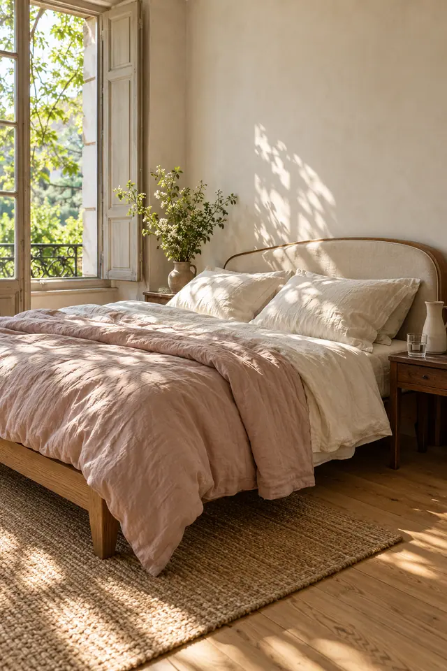 Quarto com cama de linho rosado e creme, tapete de fibras e luz natural entrando pela janela de madeira.