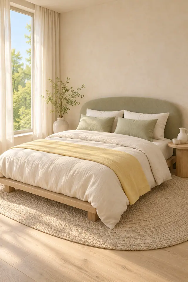 Quarto com cama de linho claro, cabeceira verde-sálvia, manta amarela e tapete oval sob a luz da janela.