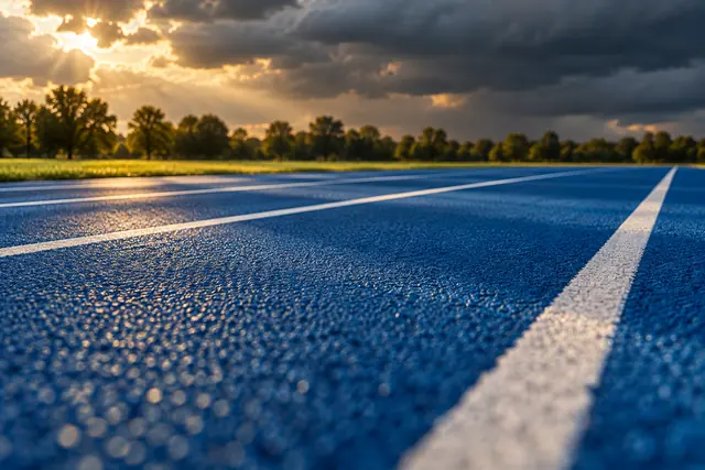 Raias azuis de atletismo vistas junto ao chão, com linhas brancas e luz dourada entre nuvens escuras.