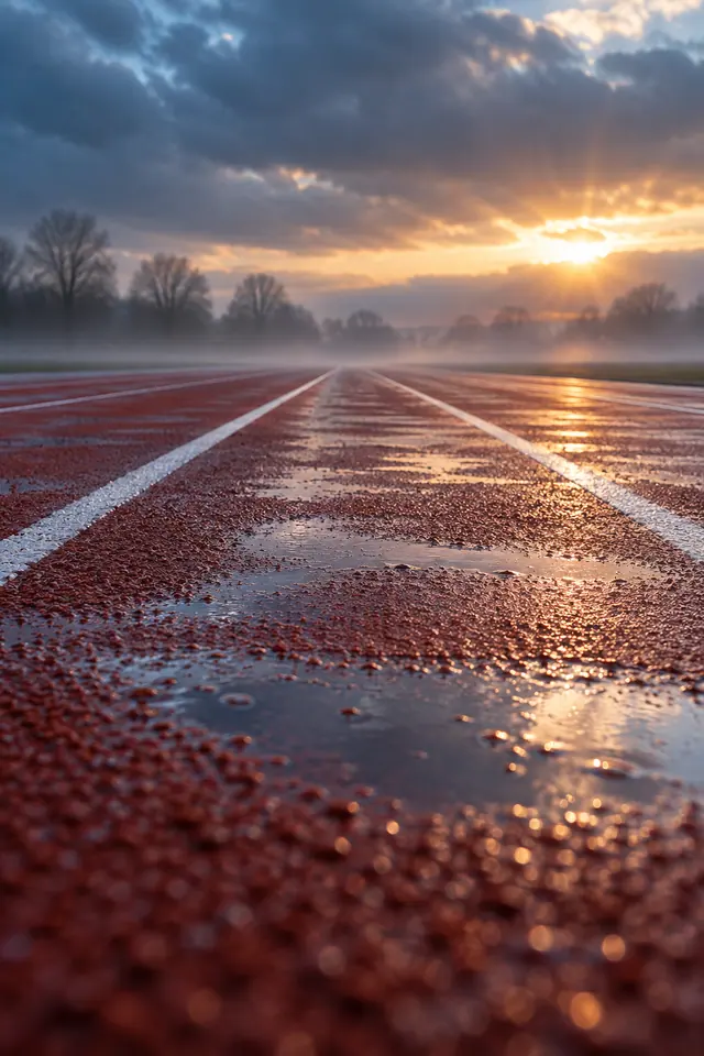 Pista de atletismo vermelha molhada, com linhas brancas e poças refletindo o amanhecer sob um céu nublado.