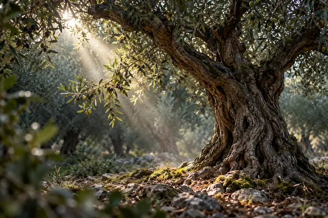 Raio de sol atravessa os ramos de uma oliveira antiga, iluminando folhas, azeitonas e musgo junto às raízes.