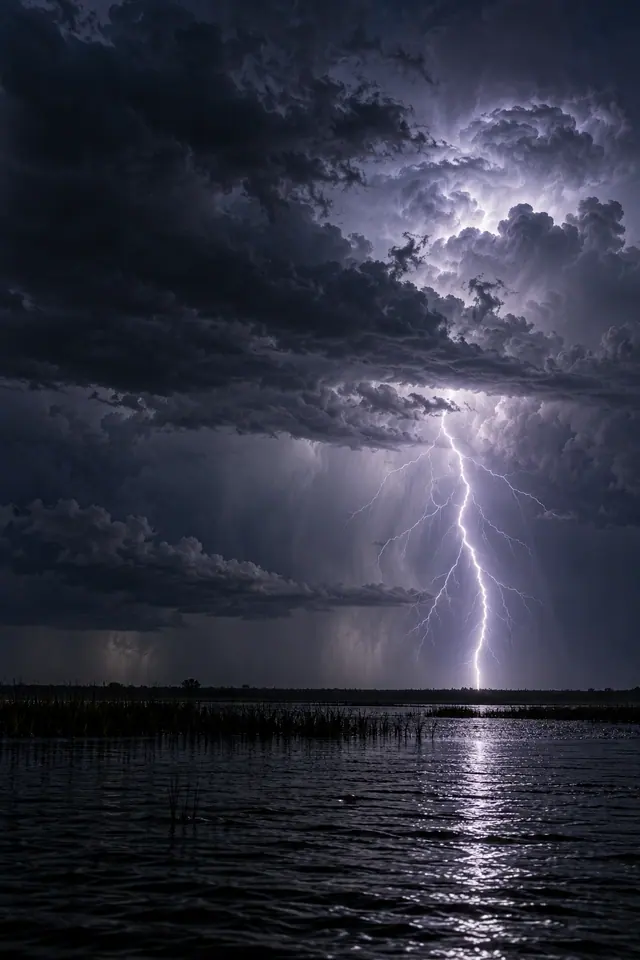 Raio ramificado ilumina nuvens escuras à noite e se reflete na água, com vegetação em silhueta.