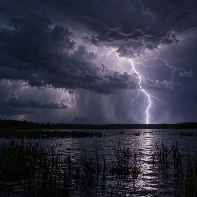 Raio ramificado ilumina nuvens de tempestade à noite e se reflete na água de um alagado cercado por juncos.