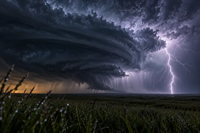 Raio ramificado ilumina nuvens escuras sobre uma pradaria, com capim molhado em primeiro plano e chuva no horizonte.