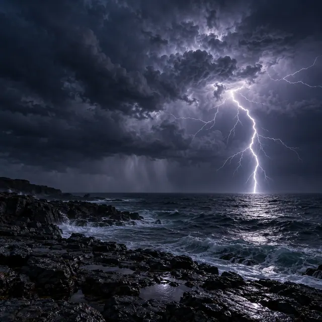 Raio ramificado ilumina nuvens de tempestade sobre o mar, com ondas e rochas molhadas em primeiro plano.