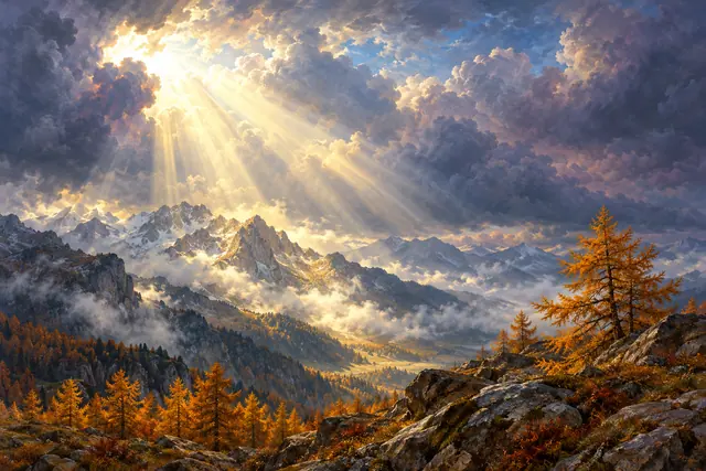 Raios dourados atravessam nuvens sobre montanhas com névoa e árvores de outono em pintura a óleo.