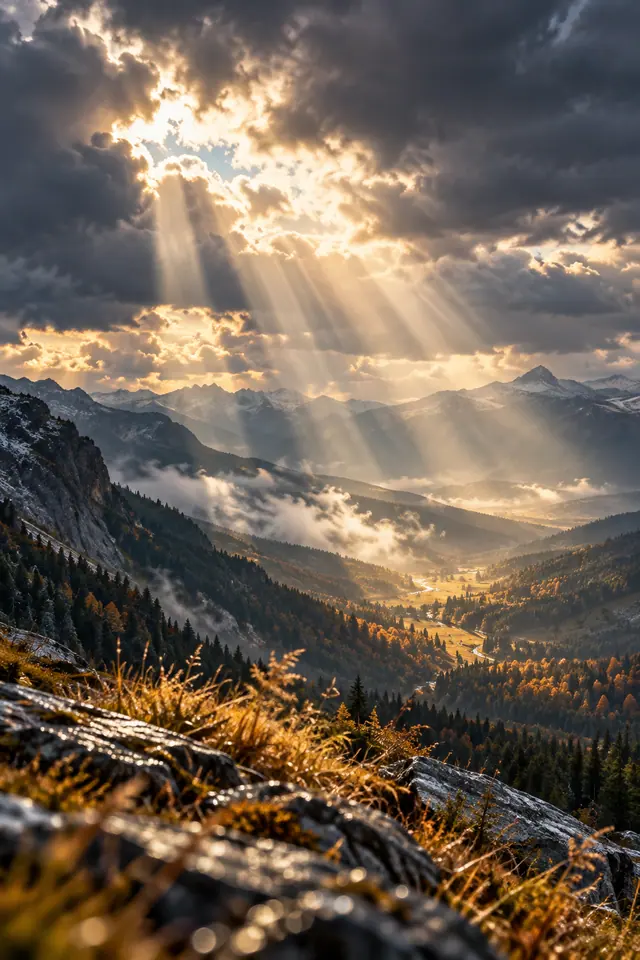 Raios de sol atravessam nuvens escuras sobre um vale com montanhas, névoa, rio e florestas de outono.