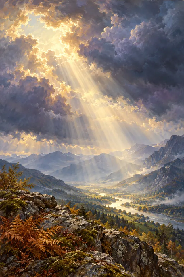 Pintura de raios dourados entre nuvens sobre um vale montanhoso com rio, rochas e vegetação de outono.