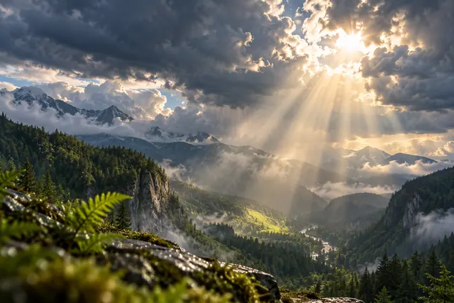 Raios dourados atravessam nuvens escuras sobre um vale verde com montanhas, névoa e samambaias em primeiro plano.