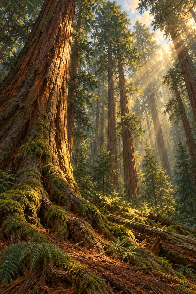 Pintura de árvores gigantes com raios de sol entre as copas, raízes cobertas de musgo e samambaias no chão.
