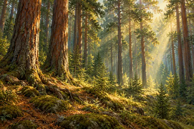 Pintura a óleo de pinheiros altos com raios de sol dourados sobre musgo, raízes e pequenas plantas.