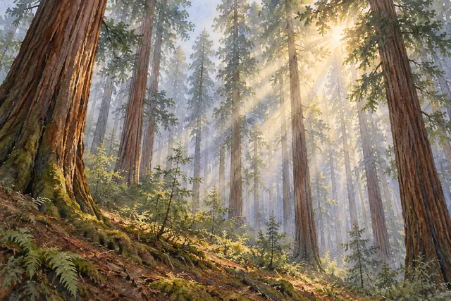Aquarela de sequoias altas com raios dourados atravessando a névoa e iluminando musgos e samambaias na encosta.