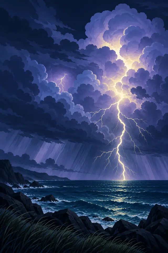 Raios iluminam nuvens azuis e violetas sobre o mar à noite, com chuva no horizonte e rochas em primeiro plano.