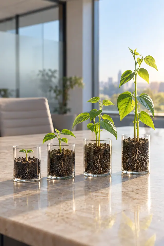 Quatro plantas de tamanhos crescentes em recipientes de vidro sobre uma mesa de escritório sob a luz da manhã.