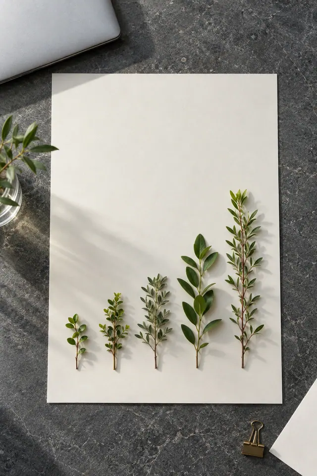 Cinco ramos verdes em alturas crescentes sobre papel claro, com notebook e clipe dourado em mesa de pedra cinza.