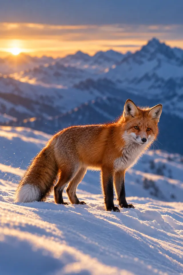 Raposa vermelha sobre a neve, iluminada pelo sol do amanhecer, com montanhas azuladas ao fundo.
