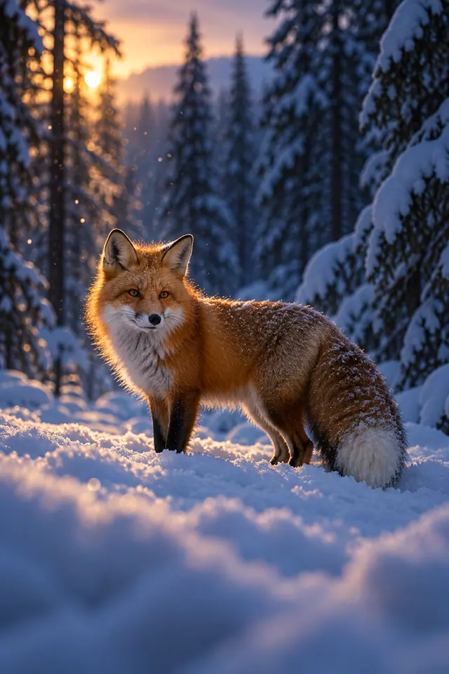 Raposa vermelha na neve com luz dourada nos pelos e floresta de coníferas desfocada ao fundo.