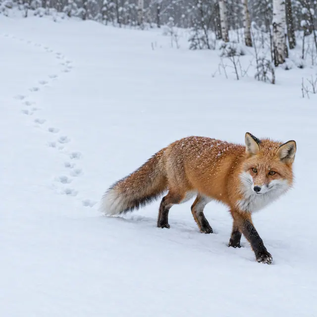 Raposa-vermelha caminha sobre a neve sob flocos, com uma trilha de pegadas e árvores ao fundo.
