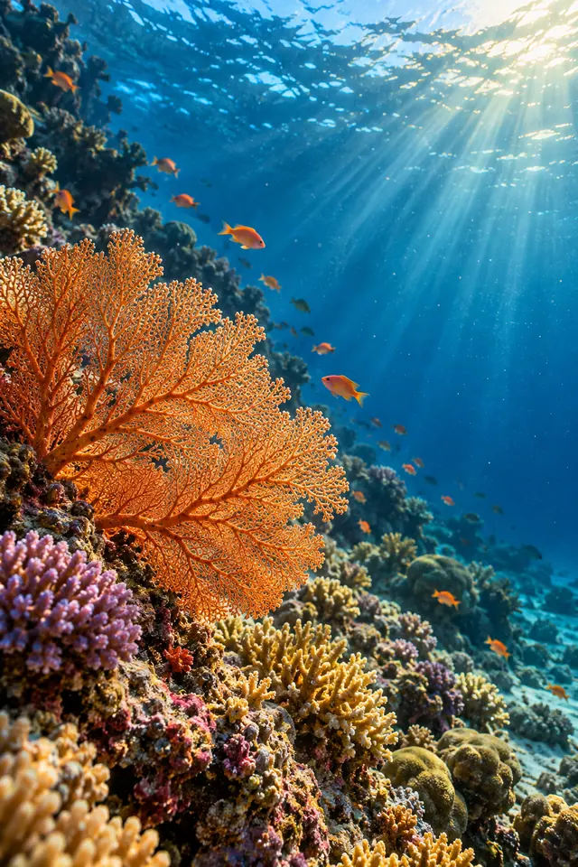 Coral em leque alaranjado entre corais coloridos e pequenos peixes, sob raios de sol que atravessam o oceano azul.