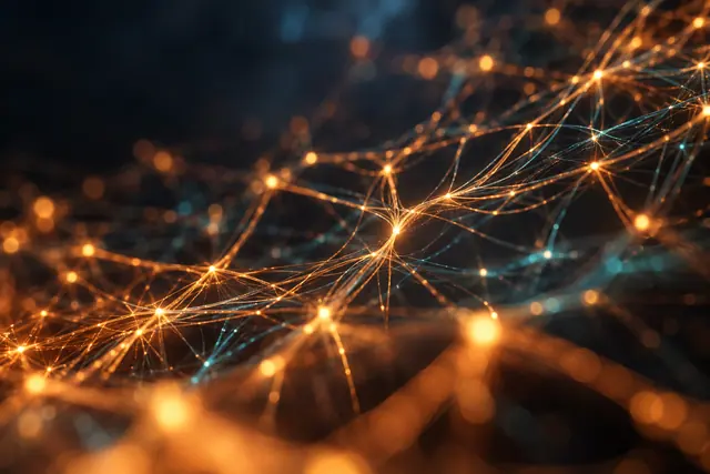 Rede abstrata de fios luminosos em âmbar e azul, com pontos de conexão em foco e fundo escuro desfocado.