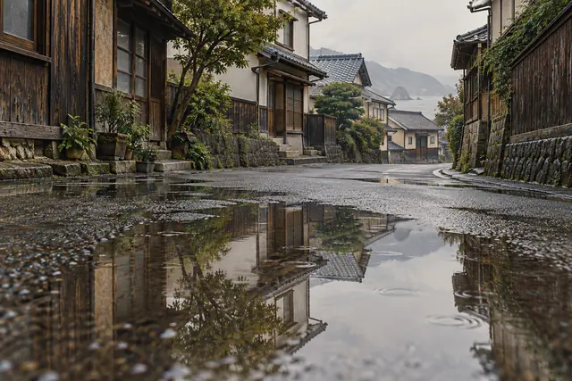 Poças refletem casas japonesas de madeira em uma rua vazia, com mar e morros enevoados ao fundo.