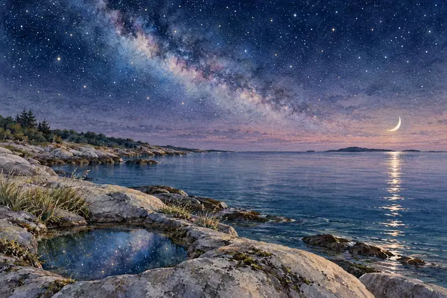 Aquarela de mar calmo sob a Via Láctea, com lua fina, rochas e estrelas refletidas em uma poça natural.