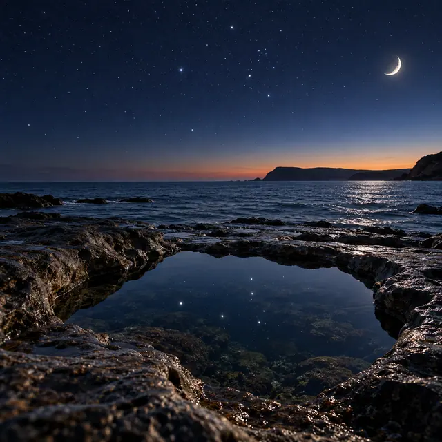 Piscina natural entre rochas reflete estrelas diante do mar sereno, sob a lua crescente e um horizonte alaranjado.