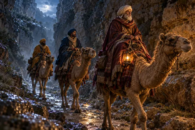 Três reis magos em camelos cruzam um desfiladeiro à noite, iluminados pelo luar e por uma lanterna.