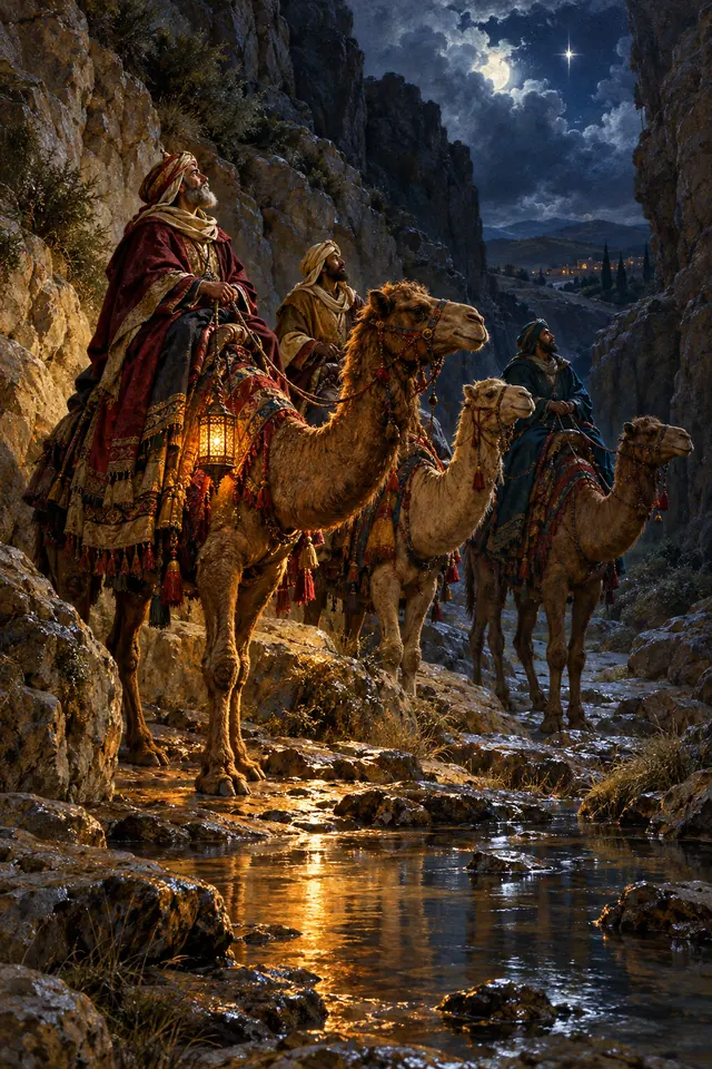 Três Reis Magos em camelos num desfiladeiro, sob a lua e uma estrela, com uma lanterna refletida na água.