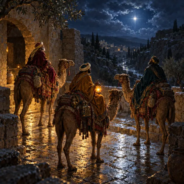 Três reis magos em camelos observam uma estrela sobre colinas, em pátio de pedra iluminado por uma lanterna.