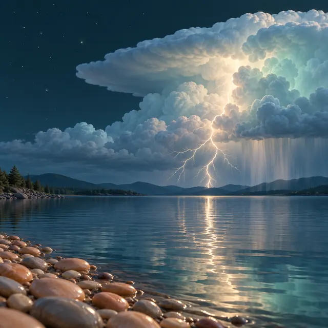 Relâmpago entre nuvens azuladas sobre um lago, com reflexo luminoso, chuva ao fundo e pedras na margem.