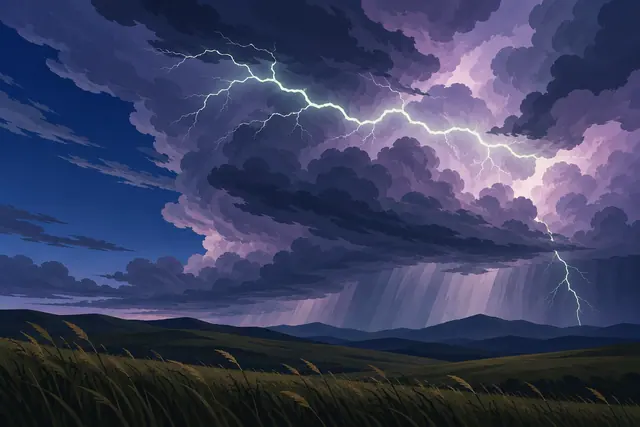 Relâmpagos iluminam nuvens azuis e lilases sobre colinas, com chuva ao fundo e capim ao vento em primeiro plano.